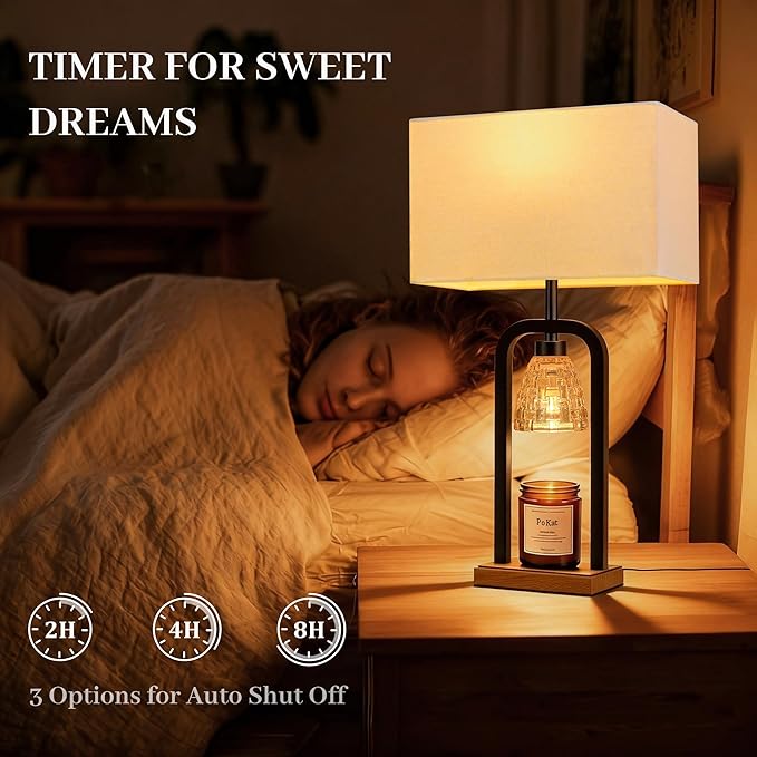 PoKat Table Lamps with Candle Warmer & Timer for Bedroom, Farmhouse Bedside Lamps Set of 2 for Night Stands, 21.5'' Bedroom Lamps Decor for Living Room, Dinning, Hallway, Bulbs Included, Black