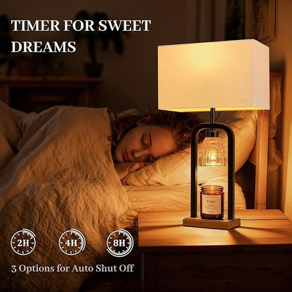 PoKat Table Lamps with Candle Warmer & Timer for Bedroom, Farmhouse Bedside Lamps Set of 2 for Night Stands, 21.5'' Bedroom Lamps Decor for Living Room, Dinning, Hallway, Bulbs Included, Black