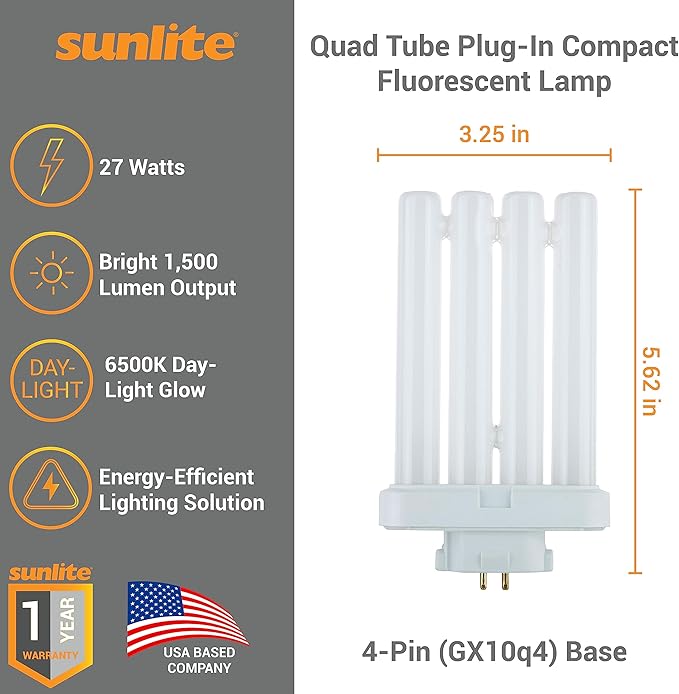 Sunlite 41760 FML27/65K/2PK Quad Tube Plug-in Compact Fluorescent Lamp, FML 4-Pin, 27 Watts, 1500 Lumens, 6500K Daylight, 4-Pin (GX10q4) Base, 120 Volts, 6 Pack