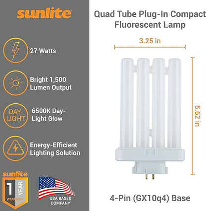 Sunlite 41760 FML27/65K/2PK Quad Tube Plug-in Compact Fluorescent Lamp, FML 4-Pin, 27 Watts, 1500 Lumens, 6500K Daylight, 4-Pin (GX10q4) Base, 120 Volts, 6 Pack