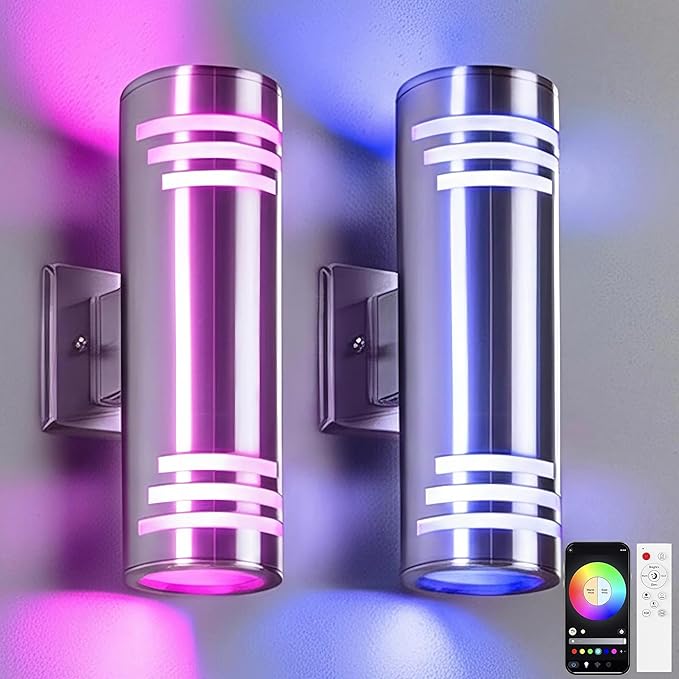 SHIMR Smart Porch Lights RGBCW 2 Pack, Color Changing Outdoor Wall Lights Stainless Steel Outdoor Light Fixture with Remote for House Garage, Compatible with Alexa Google Assistant