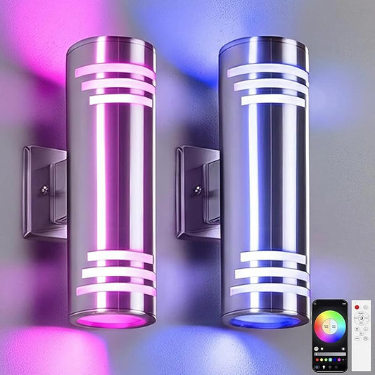 SHIMR Smart Porch Lights RGBCW 2 Pack, Color Changing Outdoor Wall Lights Stainless Steel Outdoor Light Fixture with Remote for House Garage, Compatible with Alexa Google Assistant