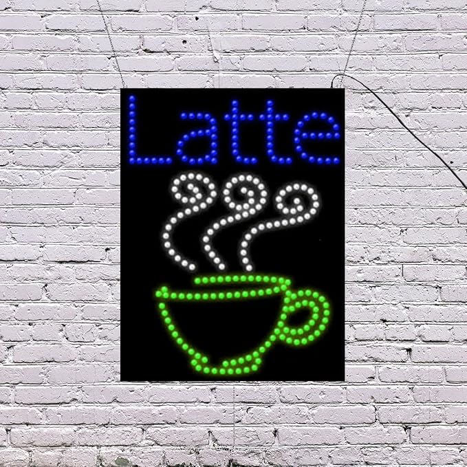 LED Latte Sign for Retail Business Displays |Advertising Electronic Light Up Sign for Windows Walls | 26"H x 20"W x 2"D
