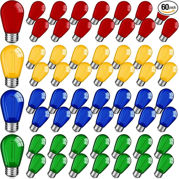 Mudder 60 Pack Light Bulbs 1w Replacement LED Light Bulbs S14 Shatterproof Waterproof String Lights Outdoor Indoor LED Lights Patio Bulb, E26 110v Regular Base(Multicolor,60 Pack)