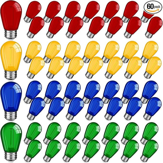 Mudder 60 Pack Light Bulbs 1w Replacement LED Light Bulbs S14 Shatterproof Waterproof String Lights Outdoor Indoor LED Lights Patio Bulb, E26 110v Regular Base(Multicolor,60 Pack)