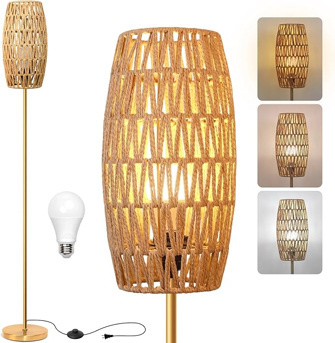 Floor Lamp for Living Room,Farmhouse Floor lamp,Modern Standing lamp with Hand-Worked Rattan Shade (Drum Rattan Shade Body Gold Color-3 Color Bulb)