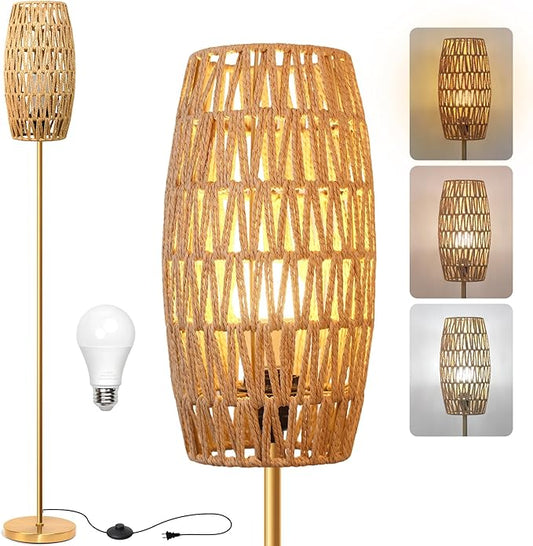 Floor Lamp for Living Room,Farmhouse Floor lamp,Modern Standing lamp with Hand-Worked Rattan Shade (Drum Rattan Shade Body Gold Color-3 Color Bulb)