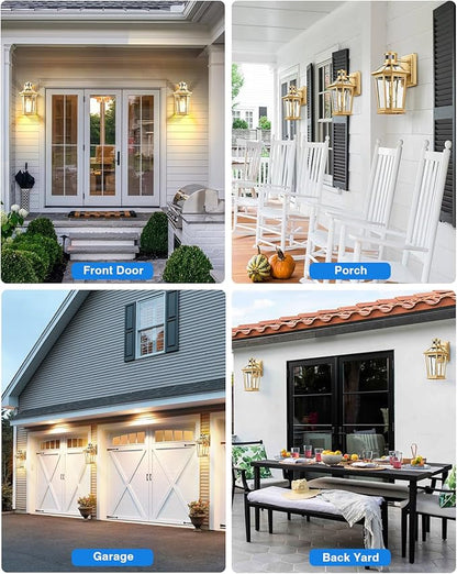 VIANIS Outdoor Wall Lights Lantern, 2 Pack Gold Motion Sensor Proch Light, Dusk to Dawn Weather Resistant Exterior Lights for House Sconce, Waterproof Garage Lights with Clear Glass Shade