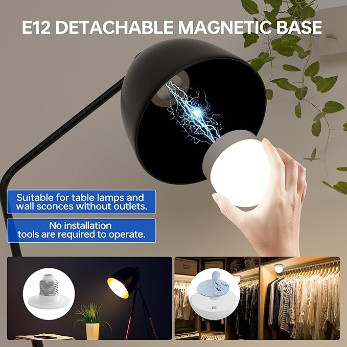 Rechargeable Light Bulb with Remote Control: E12 Wireless LED Bulbs 3 Color Temperatures + 12 RGB Colors, Timer Magnetic Puck Light for Sconces and Lamp, 2000mAh Battery Powered USB Charging, 2pcs