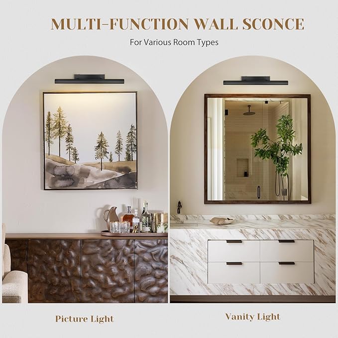 Matte Black Picture Lights for Wall, 24" Art Light Hardwired, 3-Light Bronze Gallery Light, Warm White 2700k Dimmable Picture Frame Lights, 270° Vanity Light for Bathroom, Living Room, Hallway