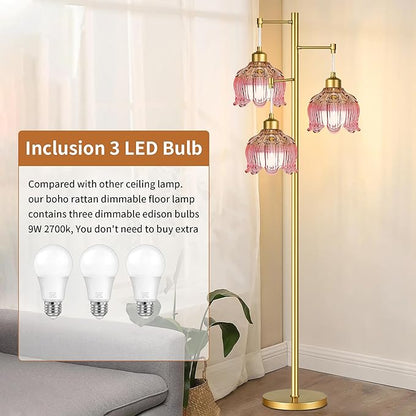 Pink Floor Lamp for Living Room,Bedroom,Gold Mid Century Modern Standing Lamp Brass Tree 3 Light Tall Floor Lamps Vintage Retro Floor Lights Glass Flower Lamp Shade Girls Kids Boho Bohemian