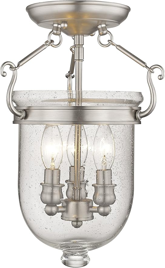 Livex Lighting 5081-91 Jefferson 3 Light Brushed Nickel Bell Jar Semi Flush with Seeded Glass