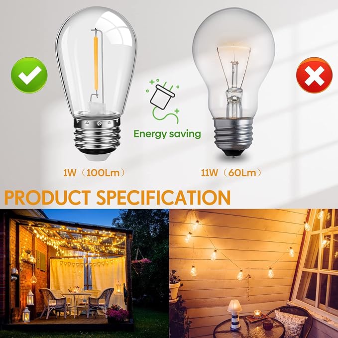 Mudder 60 Pack Light Bulbs 1w Replacement LED Light Bulbs S14 Shatterproof Waterproof String Lights Outdoor Indoor LED Lights Patio Bulb, E26 110v Regular Base(Warm White,60 Pack)