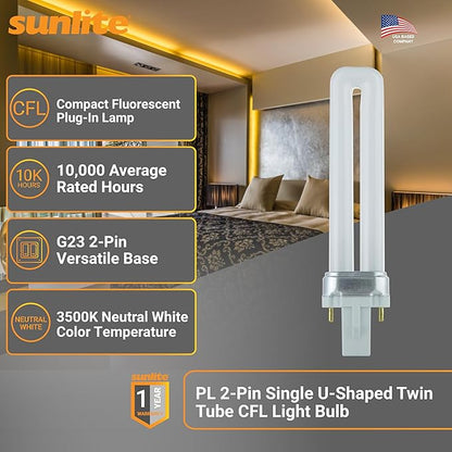 Sunlite 40499 PL7/SP35K Plugin U-Shaped Compact Fluorescent Lamp, 7 Watts, 360 Lumens, 3500K Neutral White, 2-Pin (G23) Base, 10 Pack