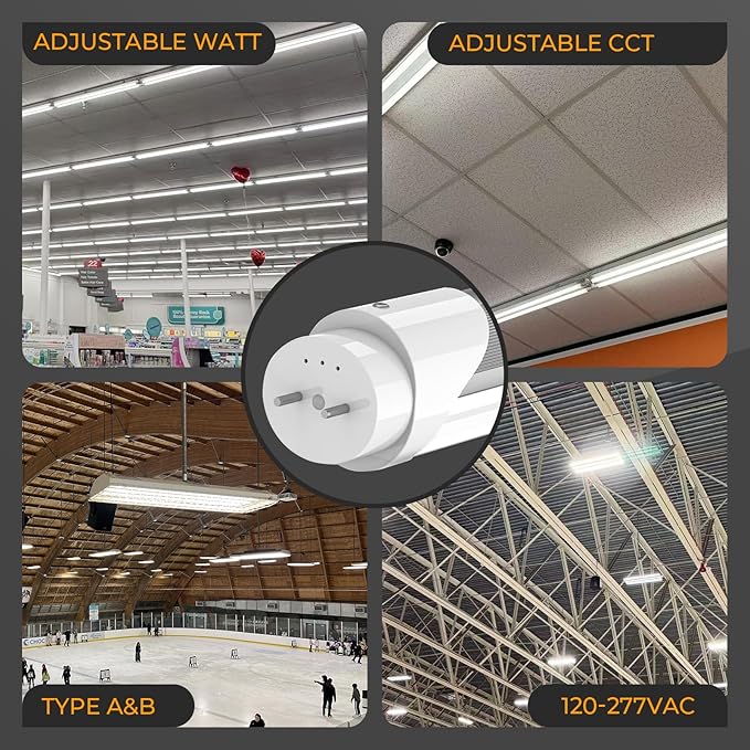 25PK 4FT LED T8 Tube Light, Frosted 24W-10W Selectable Watt & CCT 6500K-3000K, Type A+B Plug&Play or Ballast Bypass 4 Foot Fluorescent Tube Replacement, 120-277V Single or Double Ended, ETL