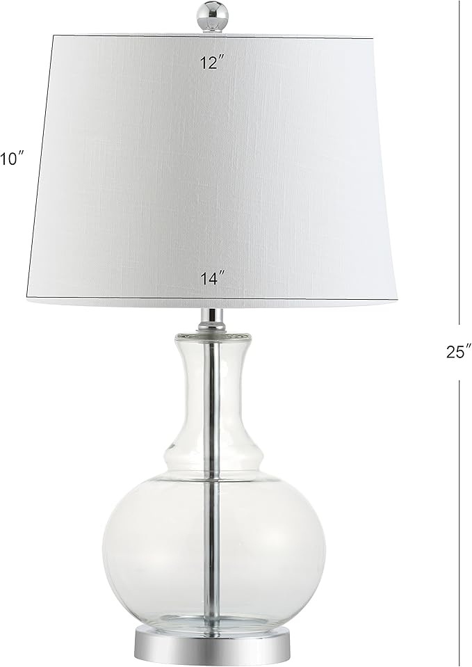 JONATHAN Y JYL1068B-SET2 25" Clear Glass Table Lamp Set of 2 for Living Room Bedroom, Contemporary Glam Bedside Nightstand Lamps with White Linen Drum Shade and Chrome Base, LED Bulbs Included