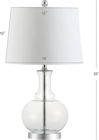 JONATHAN Y JYL1068B-SET2 25" Clear Glass Table Lamp Set of 2 for Living Room Bedroom, Contemporary Glam Bedside Nightstand Lamps with White Linen Drum Shade and Chrome Base, LED Bulbs Included