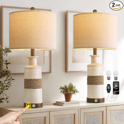 BOBOMOMO 24.5" Farmhouse Boho Table Lamps Set of 2, Hand-Woven Rattan Bedside Lamps with 3-Way Dimmable Touch Control & USB A+C Ports, Nightstand Lamp for Bedroom, Living Room, Corner (Bulbs Included)