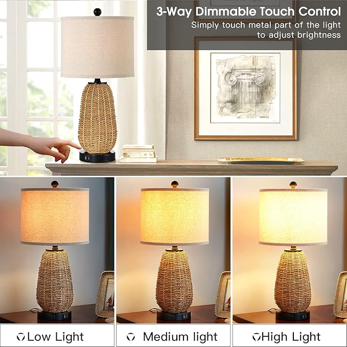 Touch Control Rattan Table Lamps, 3 Way Dimmable Bedside Lamps for Bedroom Set of 2 with 2 USB Ports and AC Outlet, Nightstand Lamps for Living Room (LED Bulbs Included), Grass