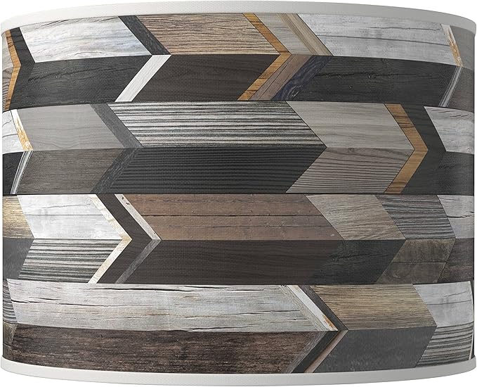 Hardback Giclee Drum Print Lamp Shade Woodwork Arrows Brown Gray Large 15.5" Top x 15.5" Bottom x 11" High Spider with Replacement Harp and Finial Fitting - Giclee Glow