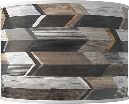 Hardback Giclee Drum Print Lamp Shade Woodwork Arrows Brown Gray Large 15.5" Top x 15.5" Bottom x 11" High Spider with Replacement Harp and Finial Fitting - Giclee Glow
