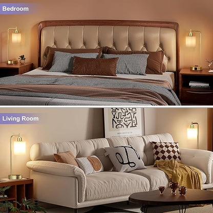 Innqoo Industrial Gold Table Lamps for Bedrooms Set of 2-3-Way Dimmable Desk Lamp with USB C+A Ports and Outlet, Gold Lamps with Opal Glass Shade for Living Room, Desk Lamps for Home Office