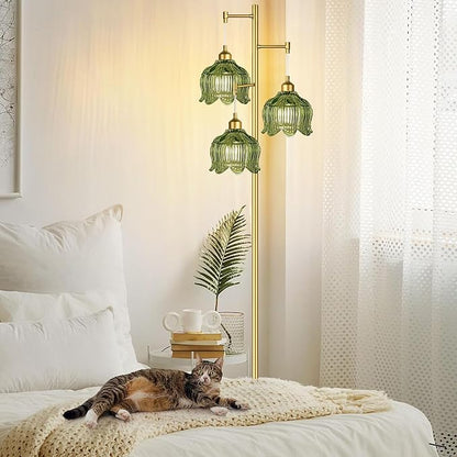 Glass Floor Lamp for Living Room,Bedroom,Gold Mid Century Modern Standing Lamp Brass Tree 3 Light Tall Floor Lamps Vintage Retro Floor Lights Green Flower Lamp Shade Farmhouse Boho Bohemian