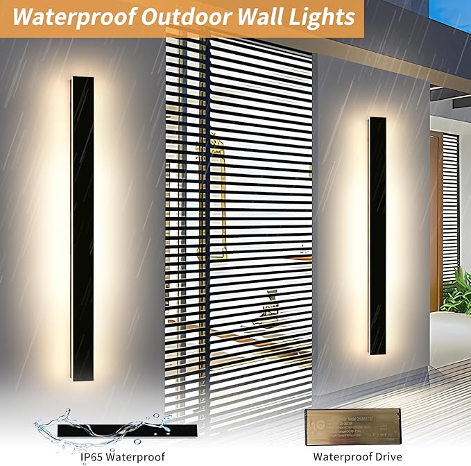 Mikeru 57" 2Pack Outdoor Wall Sconce 3000K Warm White - IP65 Waterproof Black Exterior Light, Hardwired Wall Mounted Fixture for Porch, Patio & Entryway | Non-Dimmable Weatherproof Design