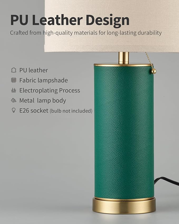 KDG 23.4" Green PU Leather Table Lamps for Living Room Set of 2, 3 Level Brightness LED Modern Home Decor Fabric Lampshade Desk Lamp Lighitng for Bedroom, Bedside, Farmhouse, Nightstand, Night Light