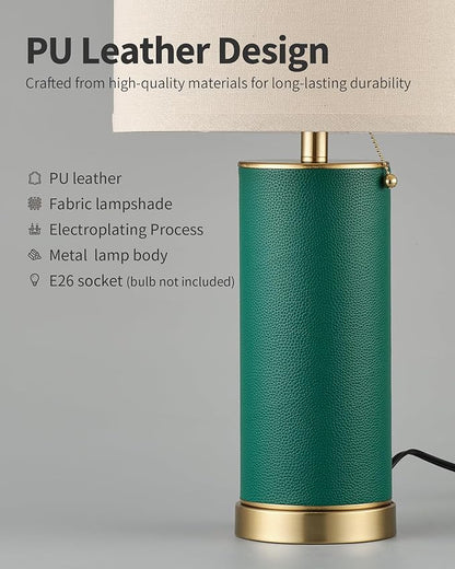 KDG 23.4" Green PU Leather Table Lamps for Living Room Set of 2, 3 Level Brightness LED Modern Home Decor Fabric Lampshade Desk Lamp Lighitng for Bedroom, Bedside, Farmhouse, Nightstand, Night Light