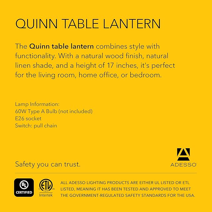 Adesso Quinn Table Lantern - Walnut Birch Wood & Natural Linen Shade – Perfect Nightstand, End Table, and Desk Lamp