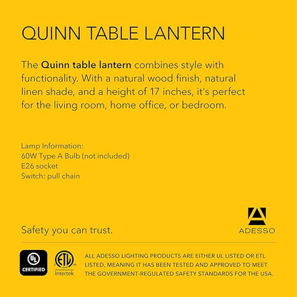 Adesso Quinn Table Lantern - Walnut Birch Wood & Natural Linen Shade – Perfect Nightstand, End Table, and Desk Lamp