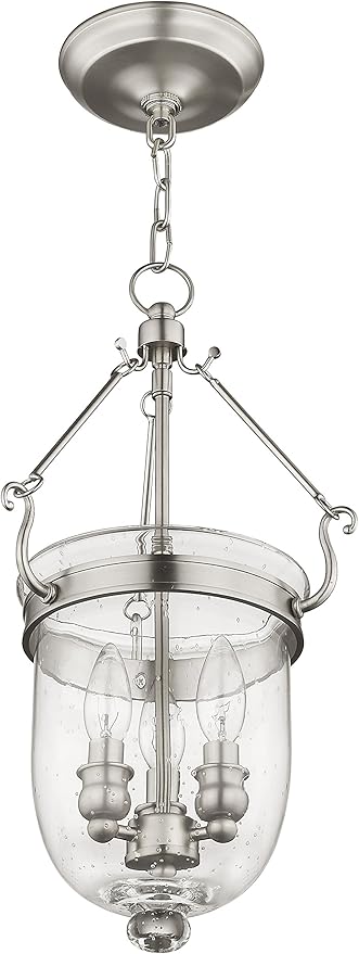 Livex Lighting 5083-91 Jefferson 3 Light Brushed Nickel Bell Jar Hanging Lantern with Seeded Glass