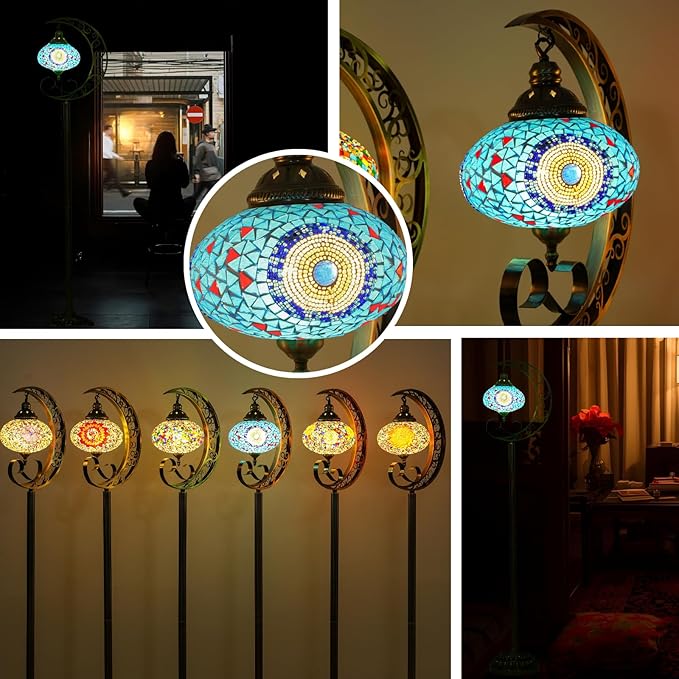 3D Crescent Moon Turkish Floor Lamp - 60 Inch Boho Lamp, 8 Inch Stained Glass Shade, Handmade for Living Room, Bulb Included (Multicolor,YUELFL-04)