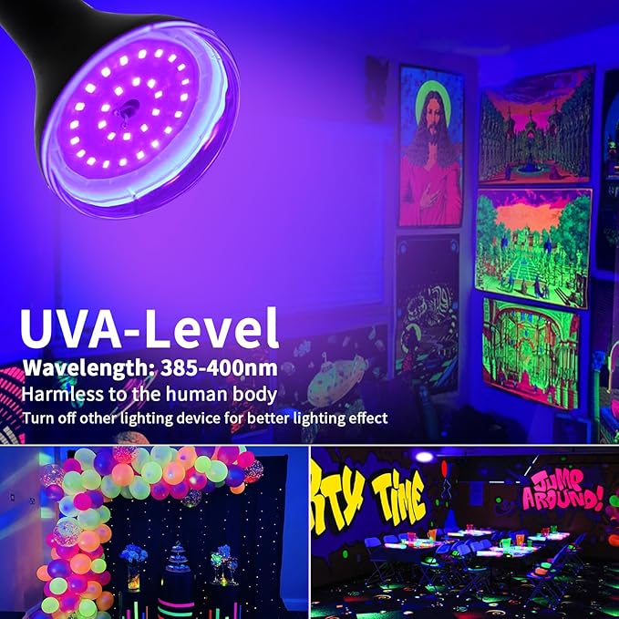 4 Pcs 15W LED Black Light Bulbs, BR30 E26 Black Shell Blacklight LED Bulb, 385-400nm, Glow in The Dark for Blacklight Party, Body Paint, Fluorescent Poster, Halloween Decoration,Non-Waterproof
