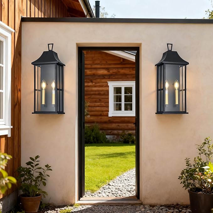 Outdoor Wall Sconce, 20.3" 2-Light in Black with Gold Rectangular Metal Frame and Clear Glass Shade Waterproof Porch Light Patio Light,Bulbs Not Included