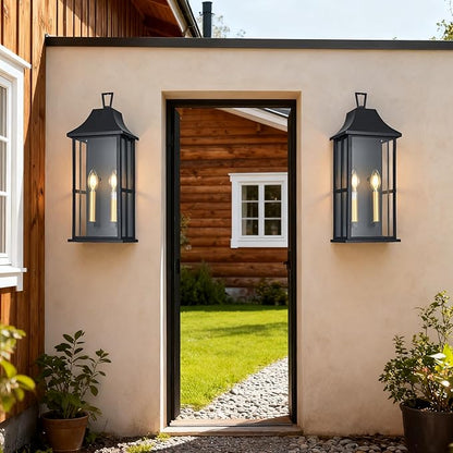 Outdoor Wall Sconce, 20.3" 2-Light in Black with Gold Rectangular Metal Frame and Clear Glass Shade Waterproof Porch Light Patio Light,Bulbs Not Included