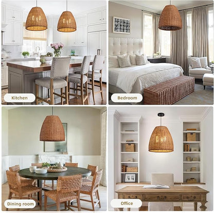 3-Light Dark Curry Rattan Pendant Light,16.54" Rustic Hanging Light,Brown Wicker Pendant Light Hand-Woven Rattan Chandelier for Workplace Restaurants Dining Living Kitchen Farmhouse