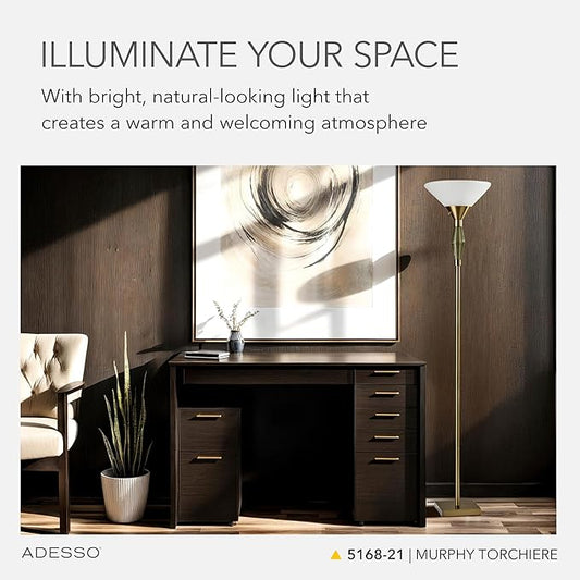 Adesso Torchiere Floor Lamp with Antique Brass Finish & Green Glass – 71” Tall, Dual Socket, Adjustable 3-Way Lighting for Bedroom or Living Room