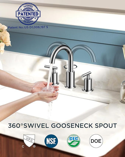 FORIOUS Chrome Bathroom Faucet 3 Hole, 8 Inch Widespread Bathroom Sink Faucet Polished Chrome 6 in with Metal Pop Up Drain and 24" Supply Line, 360 Degree Swivel Gooseneck for 3 Hole Vanity Sink RV