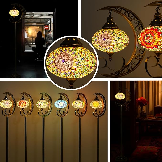 3D Crescent Moon Turkish Floor Lamp - 60 Inch Boho Lamp, 8 Inch Stained Glass Shade, Handmade for Living Room, Bulb Included (Multicolor,YUELFL-02)