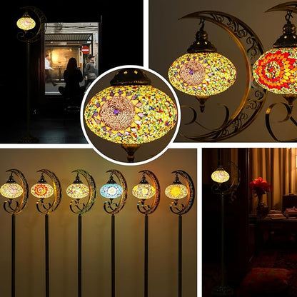 3D Crescent Moon Turkish Floor Lamp - 60 Inch Boho Lamp, 8 Inch Stained Glass Shade, Handmade for Living Room, Bulb Included (Multicolor,YUELFL-02)