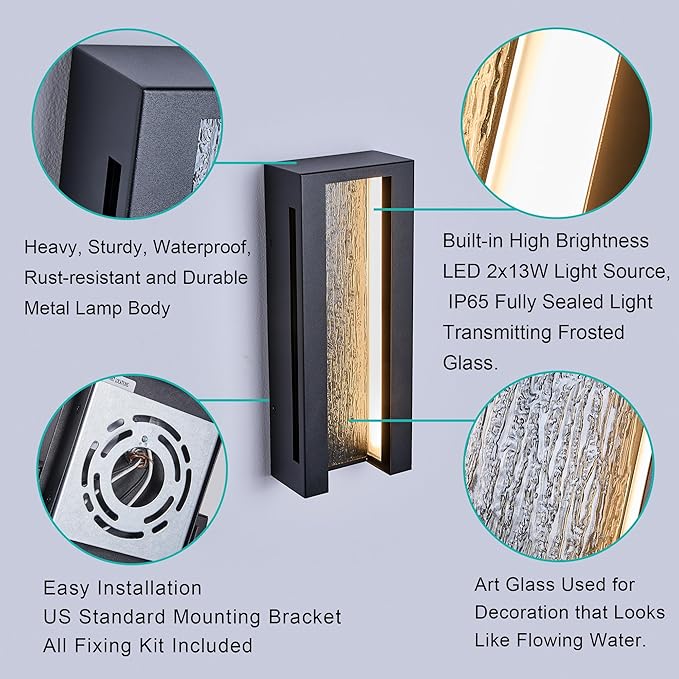 Modern Outdoor Wall Lights, IP65 Waterproof & Anti-Rust, 1800 Lumens Dimmable LED Porch Lights, Textured Black Metal with Art Glass, Warm White, Wall Mount for Patio, Entryway, Balcony