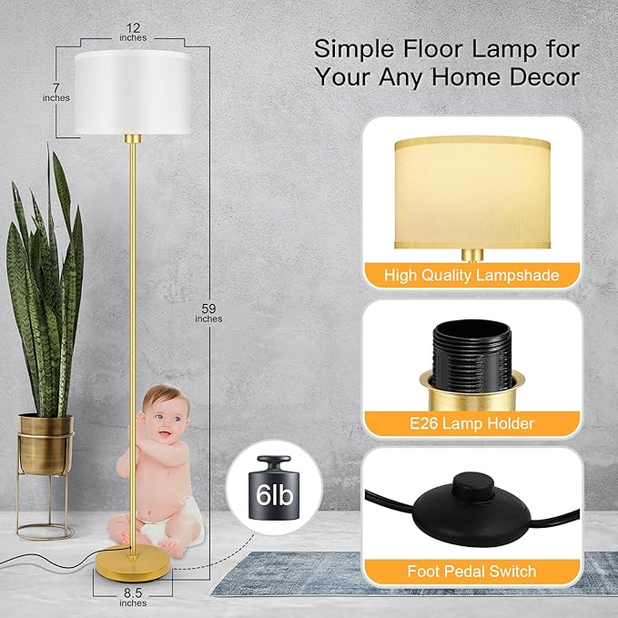 Gold Floor Lamp, Standing Lamp, 58" Tall Lamps for Living Room, Simple Pole Lamp with White Shade, On/Off Foot Pedal, Bright Corner Lamp for Kids Room Bedroom Office Decor(E26 Base, NO Bulb)