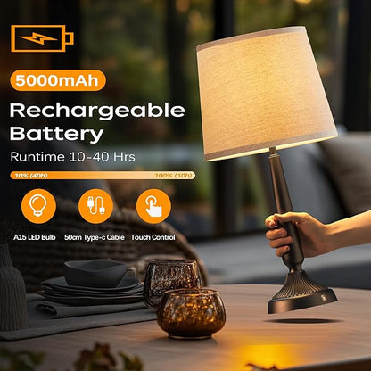 PARTPHONER Cordless Table Lamp, 5000mAh Battery Rechargeable Touch Lamp, 3-Level Brightness Bedside Lamps, Modern Black Iron Design, Desk Lamp for Patio Camping, Dining, Home