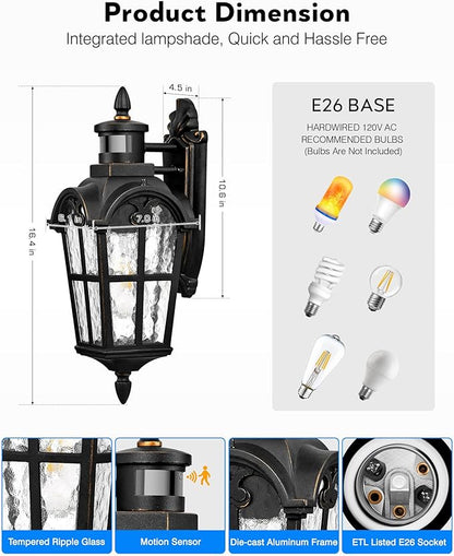 VIANIS Motion Sensor Outdoor Lights, 16.4" H Black Porch Light Outside Lantern with Gold Trim, Waterproof Dusk to Dawn Outdoor Lighting, Exterior Lighting Fixtures for House, Garden, Patio