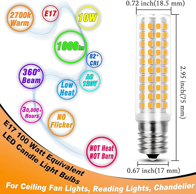 E17 10 Watt LED Bulb 100W Equivalent 2700K Warm White 1000lm Non-Dimmable 120V E17 Intermediate Base LED Bulb for Desk Lamp, Ceiling Fan Lights, Headboard Reading Lights, Chandelier, 3 Pack
