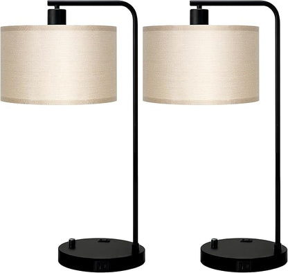 Tall Table Lamp for Bedroom Set of 2 with USB Port and Outlet, Dimmable Nightstand Bedside Lamps with Linen Lampshade, Desk Lamp for Bedroom, Living Room, Guest Room, Home Office, LED Bulb Included