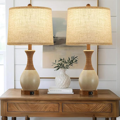 Table Lamp for Bedroom Set of 2 - Bedside Table Lamps with Adjustable Color Temperatures - Boho Rattan Lamps for Nightstand with USB A+C Charging Ports Farmhouse Living Room Lamp Bulb Included