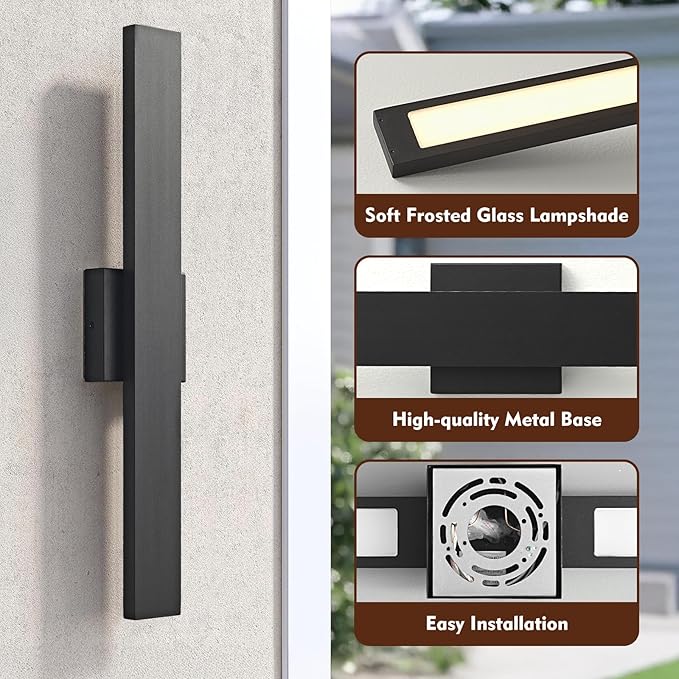23.6inch Long Outdoor Modern LED Wall Light,24W Waterproof IP65 Warm White Led Wall Mount Lighting Fixture Black Outdoor Wall Sconces Outside Lights for House Garage Front Door Patio 2Pack